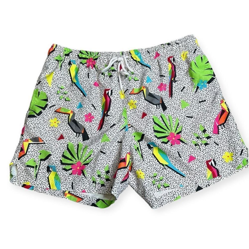 Men's Multicolor Toucan Tropical Print Elastic Waist Drawstring Swim Shorts XL